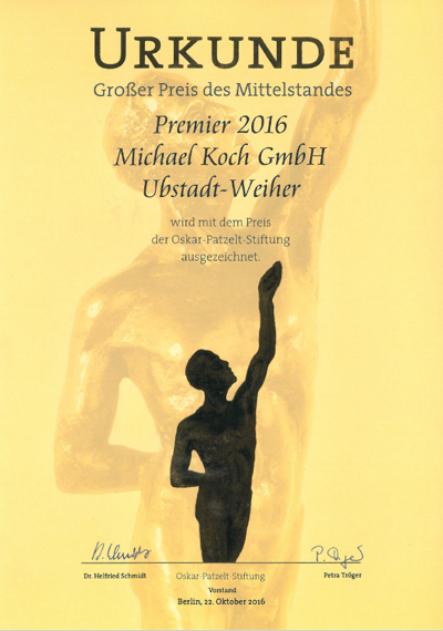 Urkunde zum Großen Preis des Mittelstands 2016. Wir erhielten die Auszeichnung "Premier".