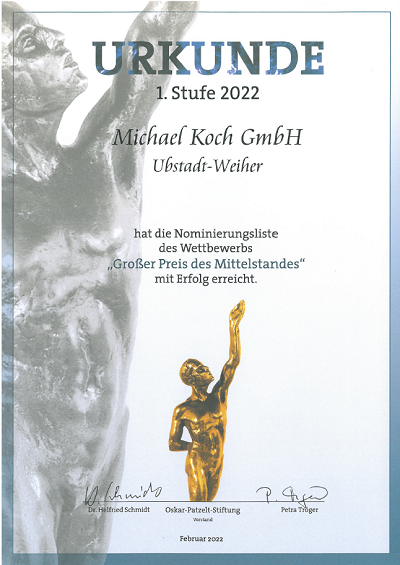 Hier sehen Sie die Urkunde zur Nominierung des Wettbewerbs "Großer Preis des Mittelstandes" 2022 welche die Michael Koch GmbH bekommen hat. 
