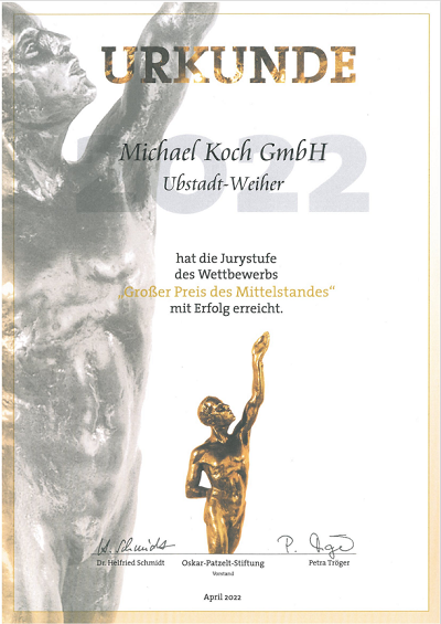 Die Urkunde, dass die Michael Koch GmbH die Juryliste innerhalb des Wettbewerbs "Großer Preis des Mittelstandes" erreicht hat. 